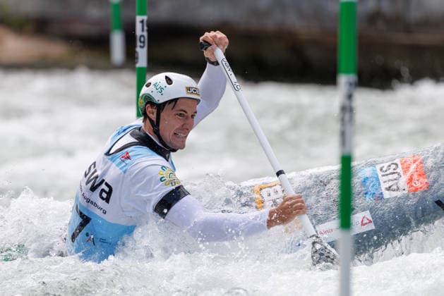 Kaylen Bassett (AUS) bei ICF CANOE SLALOM WORLD CUP, Kanusport, Männer, Canadier, 2026, am 13.06.2026 in Augsburg, Eiskanal. Bayern Deutschland