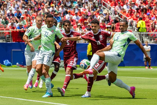 SANTA CLARA, CA - JUNE 13: Manuel Akanji 5 of Switzerland takes a shot on goal during the FIFA World Cup, WM, Weltmeisterschaft, Fussball 2026 Group B match between Qatar and Switzerland on June 13, 2026 at San Francisco Bay Area Stadium in Santa Clara, CA. (Photo by Matthew Huang Icon Sportswire) SOCCER: JUN 13 FIFA World Cup 26 Group B - Qatar vs Switzerland EDITORIAL USE ONLY Icon260613011