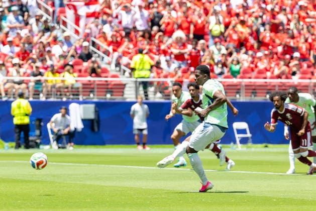 SANTA CLARA, CA - JUNE 13: Breel Embolo 7 of Switzerland scores on a penalty shot during the FIFA World Cup, WM, Weltmeisterschaft, Fussball 2026 Group B match between Qatar and Switzerland on June 13, 2026 at San Francisco Bay Area Stadium in Santa Clara, CA. (Photo by Matthew Huang Icon Sportswire) SOCCER: JUN 13 FIFA World Cup 26 Group B - Qatar vs Switzerland EDITORIAL USE ONLY Icon260613013