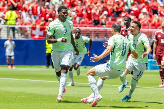 SANTA CLARA, CA - JUNE 13: Breel Embolo 7 of Switzerland celebrates a goal on a penalty shot during the FIFA World Cup, WM, Weltmeisterschaft, Fussball 2026 Group B match between Qatar and Switzerland on June 13, 2026 at San Francisco Bay Area Stadium in Santa Clara, CA. (Photo by Matthew Huang Icon Sportswire) SOCCER: JUN 13 FIFA World Cup 26 Group B - Qatar vs Switzerland EDITORIAL USE ONLY Icon260613014