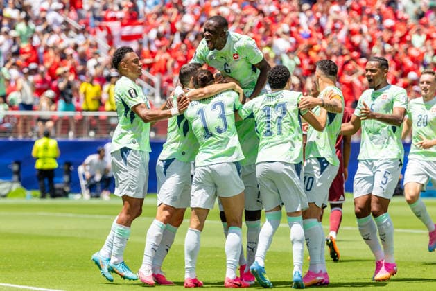 SANTA CLARA, CA - JUNE 13: Switzerland celebrates a goal by Breel Embolo 7 of Switzerland during the FIFA World Cup, WM, Weltmeisterschaft, Fussball 2026 Group B match between Qatar and Switzerland on June 13, 2026 at San Francisco Bay Area Stadium in Santa Clara, CA. (Photo by Matthew Huang Icon Sportswire) SOCCER: JUN 13 FIFA World Cup 26 Group B - Qatar vs Switzerland EDITORIAL USE ONLY Icon260613015