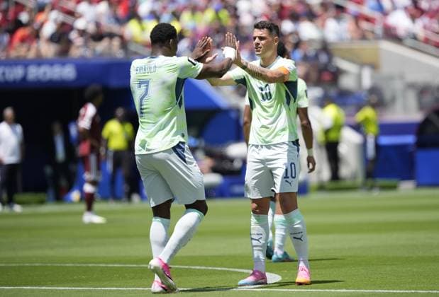 Qatar v Switzerland - FIFA World Cup, WM, Weltmeisterschaft, Fussball 2026 - Group B SANTA CLARA, UNITED STATES - JUNE 13: Breel Embolo and Granit Xhaka of Switzerland are seen during the 2026 FIFA World Cup First Stage Group B match between Qatar and Switzerland at Levi’s Stadium (San Francisco Bay Area Stadium) in Santa Clara, California, United States on June 13, 2026. Tayfun Coskun Anadolu California United States. Editorial use only. Please get in touch for any other usage.  Copyright: x2026xAnadoluxTayfunxCoskunx