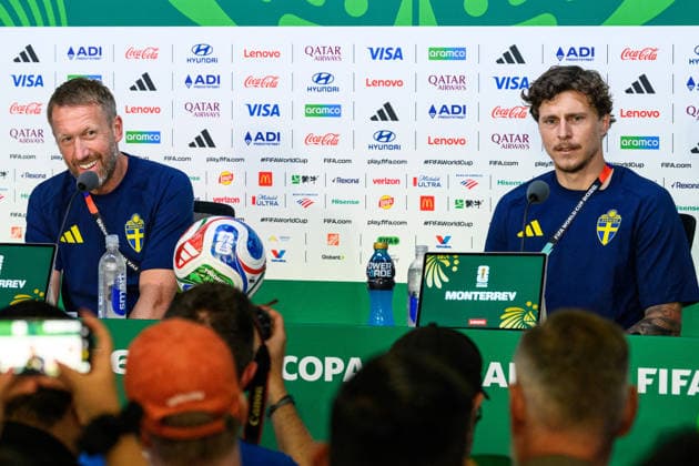 260613 Head coach Graham Potter and Victor Nilsson Lindelöf of the Swedish national football team at a press conference, PK, Pressekonferenz during day 3 of the FIFA World Cup, WM, Weltmeisterschaft, Fussball 2026 on June 13, 2026 in Monterrey. Photo: Petter Arvidson BILDBYRAN kod PA PA1231 fotboll football soccer fotball vm fotbolls-vm fotball-vm fotbolls-vm 2026 fifa world cup 2026 presskonferens press conference sverige sweden sverige a day 3 bbeng