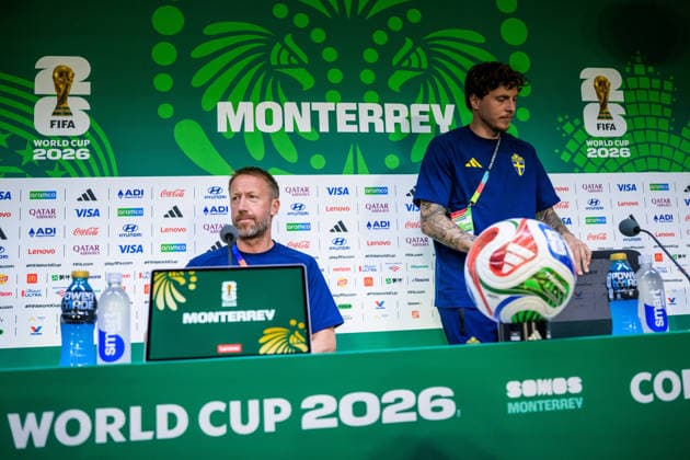 260613 Head coach Graham Potter and Victor Nilsson Lindelöf of the Swedish national football team at a press conference, PK, Pressekonferenz during day 3 of the FIFA World Cup, WM, Weltmeisterschaft, Fussball 2026 on June 13, 2026 in Monterrey. Photo: Joel Marklund BILDBYRAN kod JM PA1231 fotboll football soccer fotball vm fotbolls-vm fotball-vm fotbolls-vm 2026 fifa world cup 2026 presskonferens press conference sverige sweden sverige a day 3 bbeng