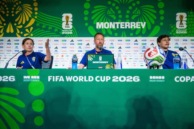 260613 Press officer Petra ThorÃ n, head coach Graham Potter and Victor Nilsson Lindelöf of the Swedish national football team at a press conference, PK, Pressekonferenz during day 3 of the FIFA World Cup, WM, Weltmeisterschaft, Fussball 2026 on June 13, 2026 in Monterrey. Photo: Joel Marklund BILDBYRAN kod JM PA1231 fotboll football soccer fotball vm fotbolls-vm fotball-vm fotbolls-vm 2026 fifa world cup 2026 presskonferens press conference sverige sweden sverige a day 3 bbeng