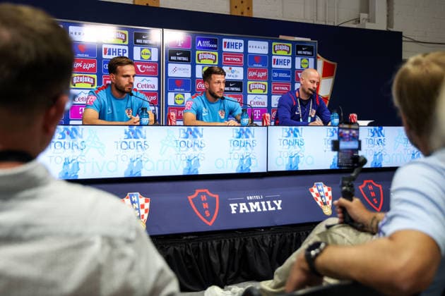 Croatia Training And press conference, PK, Pressekonferenz - FIFA World Cup, WM, Weltmeisterschaft, Fussball 2026 ALEXANDRIA, VIRGINIA - JUNE 13: Marin Pongracic and Marco Pasalic of Croatia speak to the media during the press conference of Croatia national football team at training centre at Episcopal High School on June 13, 2026 in Alexandria, Virginia.  IgorxKralj PIXSELL
