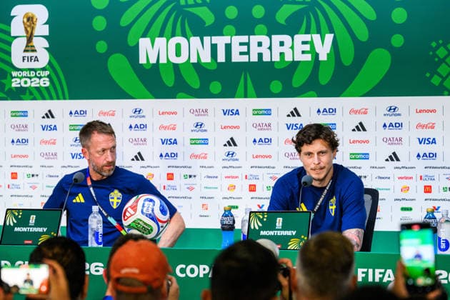 260613 Head coach Graham Potter and Victor Nilsson Lindelöf of the Swedish national football team at a press conference, PK, Pressekonferenz during day 3 of the FIFA World Cup, WM, Weltmeisterschaft, Fussball 2026 on June 13, 2026 in Monterrey. Photo: Petter Arvidson BILDBYRAN kod PA PA1231 fotboll football soccer fotball vm fotbolls-vm fotball-vm fotbolls-vm 2026 fifa world cup 2026 presskonferens press conference sverige sweden sverige a day 3 bbeng