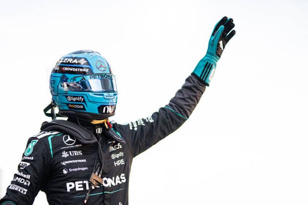 Formula 1 Barcelona Grand Prix - Qualifying Session Mercedes driver George Russell (63) celebrates pole position after the qualifying session at the Circuit de Catalunya ahead of the Catalonia Formula One (Formula 1, f1, Formule 1) Grand Prix in Montmelo, on the outskirts of Barcelona, Spain, on June 13, 2026. Photo by Alexis Jumeau ABACAPRESS.COM Barcelona Spain  Copyright: xJumeauxAlexis ABACAx