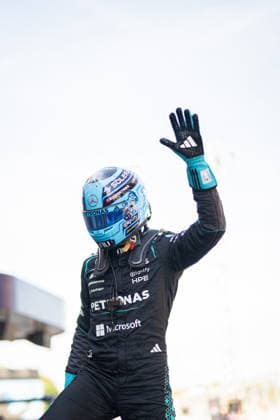 Formula 1 Barcelona Grand Prix - Qualifying Session Mercedes driver George Russell (63) celebrates pole position after the qualifying session at the Circuit de Catalunya ahead of the Catalonia Formula One (Formula 1, f1, Formule 1) Grand Prix in Montmelo, on the outskirts of Barcelona, Spain, on June 13, 2026. Photo by Alexis Jumeau ABACAPRESS.COM Barcelona Spain  Copyright: xJumeauxAlexis ABACAx