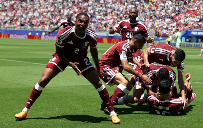 FIFA World Cup, WM, Weltmeisterschaft, Fussball 2026 - Group B - Qatar vs Switzerland Pedro Miguel of Qatar (L) celebrates after his team scored the 1-1 during the FIFA World Cup 2026 group stage match Qatar against Switzerland, in San Francisco, USA, 13 June 2026. SAN FRANCISCO United States  Copyright: xBENJAMINxFANJOYx