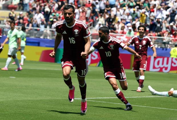 FIFA World Cup, WM, Weltmeisterschaft, Fussball 2026 - Group B - Qatar vs Switzerland Boualem Khoukhi of Qatar (CL) celebrates scoring the 1-1 during the FIFA World Cup 2026 group stage match Qatar against Switzerland, in San Francisco, USA, 13 June 2026. SAN FRANCISCO United States  Copyright: xBENJAMINxFANJOYx