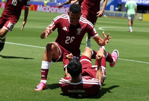 FIFA World Cup, WM, Weltmeisterschaft, Fussball 2026 - Group B - Qatar vs Switzerland Boualem Khoukhi of Qatar (down) celebrates scoring the 1-1 with Mohamed Manai of Qatar during the FIFA World Cup 2026 group stage match Qatar against Switzerland, in San Francisco, USA, 13 June 2026. SAN FRANCISCO United States  Copyright: xBENJAMINxFANJOYx