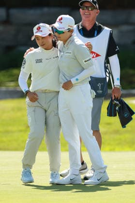 Dow Championship MIDLAND, MICHIGAN - JUNE 13: Hye-Jin Choi (L) and Hyo Joo Kim (R) of the Republic of Korea celebrate after completing the third round of the Dow Championship at Midland Country Club in Midland, Michigan, USA on Saturday, June 13, 2026. Midland Michigan United States  Copyright: xJorgexLemusx originalFilename:lemus-dowchamp260613_np9qC.jpg