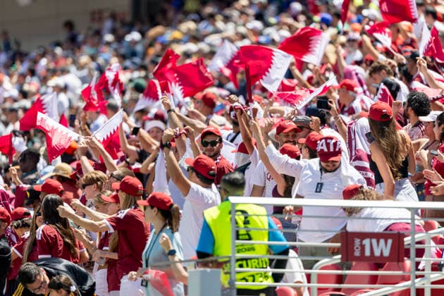 SANTA CLARA, CA - JUNE 13: Qatar fans celebrate their team™s equalizer during the second half of the FIFA World Cup, WM, Weltmeisterschaft, Fussball 2026 Group B match between Qatar and Switzerland on June 13, 2026 at the San Francisco Bay Area Stadium in Santa Clara, CA. (Photo by Bob Kupbens Icon Sportswire) SOCCER: JUN 13 FIFA World Cup 26 Group B - Qatar vs Switzerland EDITORIAL USE ONLY Icon260613030