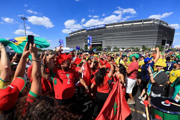 Football - FIFA World Cup, WM, Weltmeisterschaft, Fussball - Group C - Brazil v Morocco 13th June 2026 - FIFA World Cup - Group C - Brazil v Morocco - Morocco and Brazil fans gather outside the MetLife Stadium - Photo: Simon Stacpoole Offside. New Jersey USA