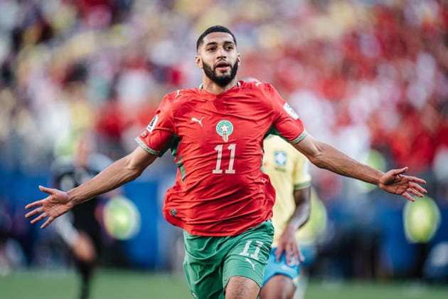 Fußball Herren FIFA Fußball-Weltmeisterschaft 2026 Gruppe C Brasilien vs. Marokko 13.06.2026 Ismael Saibari ( 11, Marokko) schießt ein Tor und jubelt East Rutherford New York New Jersey Stadion New Jersey United States of America *** Soccer Men FIFA World Cup 2026 Group C Brazil vs Morocco 13 06 2026 Ismael Saibari 11, Morocco scores a goal and cheers East Rutherford New York New Jersey Stadium New Jersey United States of America