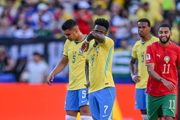 Casemiro (Brazil) and Vinicius Junior (Brazil) look dejected during the FIFA World Cup, WM, Weltmeisterschaft, Fussball 2026 Group C match between Brazil and Morocco at New York New Jersey Stadium on June 13, 2026 in East Rutherford, United States. (Photo by Harry Langer DeFodi Images) -