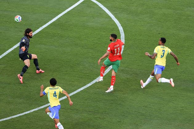 Football - FIFA World Cup, WM, Weltmeisterschaft, Fussball - Group C - Brazil v Morocco 13th June 2026 - FIFA World Cup - Group C - Brazil v Morocco - Ismael Saibari of Morocco scores their first goal past Brazil goalkeeper Alisson Becker - Photo: Simon Stacpoole Offside. New Jersey USA