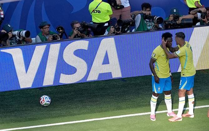 Vinicius Junior of Brazil celebrates scoring a goal to make the score 1-1 Brazil v Morocco, 2026 FIFA World Cup, WM, Weltmeisterschaft, Fussball Group C, Football, New York New Jersey Stadium, East Rutherford, New Jersey, USA - 13 Jun 2026East Rutherford New York New Jersey Stadium New Jersey (NJ) United States of America EDITORIAL USE ONLY No use with unauthorised audio, video, data, fixture lists, club league logos or live services. Online in-match use limited to 120 images, no video emulation. No use in betting, games or single club league player publications.  Copyright: xIsmaelxAdnan Shutterstockx 16924266t