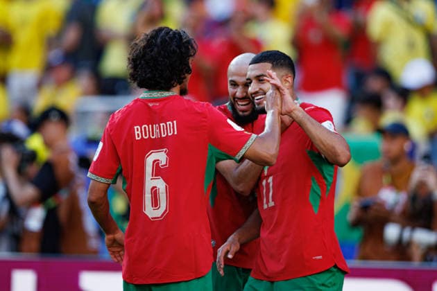 Ayyoub Bouaddi and Ismael Saibari seen celebrating after scoring goal during FIFA World Cup, WM, Weltmeisterschaft, Fussball 2026 game between national teams of Brazil and Morocco (Grzegorz Wajda Ball Raw Images) New Jersey MetLife Stadium USA Copyright: xGrzegorzxWajdax grzegorzwajda_brazil_morocco_2526-7