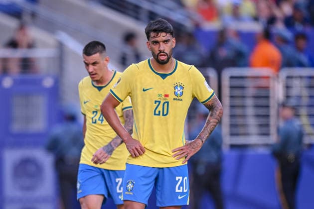 Ibanez (Brazil) and Lucas Paqueta (Brazil) look dejected during the FIFA World Cup, WM, Weltmeisterschaft, Fussball 2026 Group C match between Brazil and Morocco at New York New Jersey Stadium on June 13, 2026 in East Rutherford, United States. (Photo by Harry Langer DeFodi Images) -