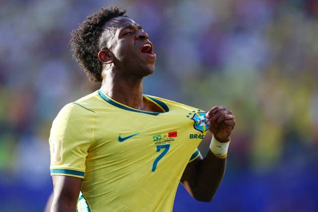 New Jersey, USA, 13th June 2026. Vinicius Junior of Brazil celebrates after scoring to make it 1-1 during the Brazil vs Morocco FIFA World Cup, WM, Weltmeisterschaft, Fussball match at Metlife Stadium, New Jersey. Picture credit should read: Paul Terry Sportimage EDITORIAL USE ONLY. No use with unauthorised audio, video, data, fixture lists, club league logos or live services. Online in-match use limited to 120 images, no video emulation. No use in betting, games or single club league player publications. SPI_051_PT_Brazil_Morocco SPI-4835-0051