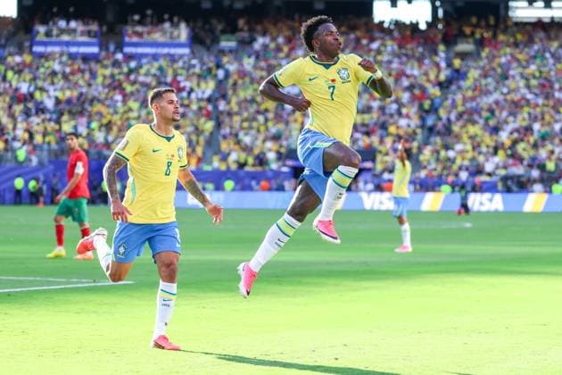 RECORD DATE NOT STATED FIFA World Cup, WM, Weltmeisterschaft, Fussball 2026 - Group C - Brazil v Morocco Vinicius Jr. player of Brazil celebrates his goal during the match between Brazil and Morocco in the first round of Group C of the 2026 FIFA World Cup group stage at New York New Jersey Stadium, on Saturday, June 13, 2026.(Foto: William Volcov Brazil Photo Press IMAGO) Sports East Rutherford NJ United States of America Copyright: xWILLIAMxVOLCOVx