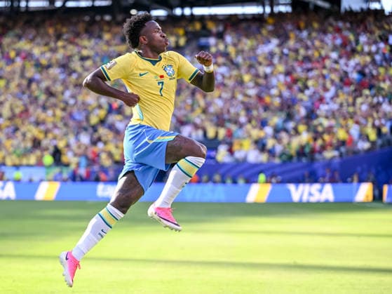 Vinicius Junior (Brazil) celebrates after scoring his team s first goal during the FIFA World Cup, WM, Weltmeisterschaft, Fussball 2026 Group C match between Brazil and Morocco at New York New Jersey Stadium on June 13, 2026 in East Rutherford, United States. (Photo by Harry Langer DeFodi Images) -