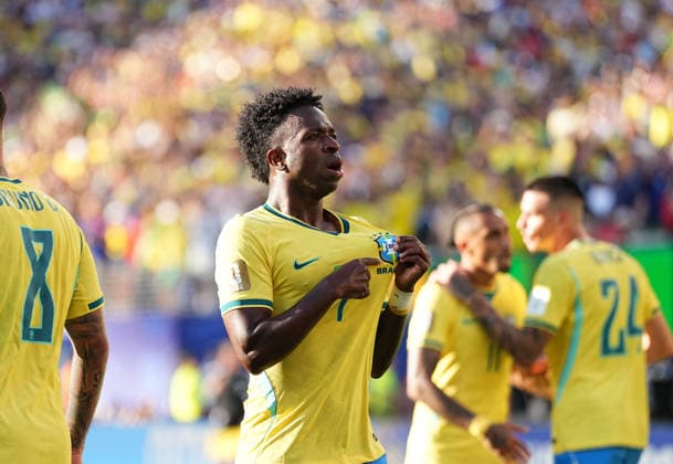 Vinicius Junior (Brazil) scores and celebrates his teams first goal during Brazil and Morocco, Group C FIFA World Cup, WM, Weltmeisterschaft, Fussball 2026, Met Life Stadium, New jersey, USA on June 14, 2026. Thor Wegner DeFodi Images. (Photo by DeFodi Images) -