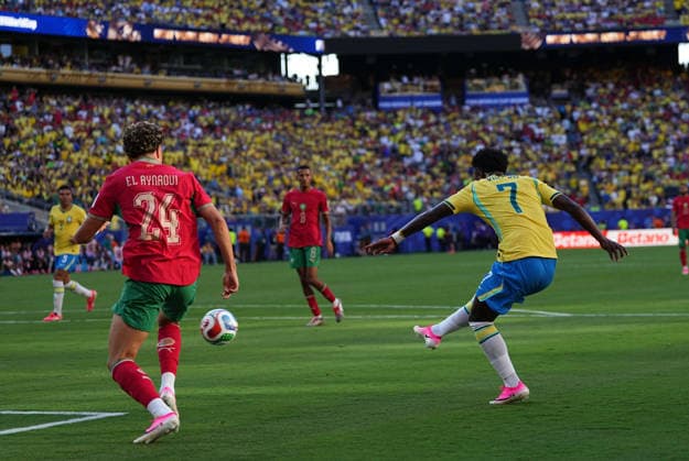 Vinicius Junior (Brazil) scores and celebrates his teams first goal during Brazil and Morocco, Group C FIFA World Cup, WM, Weltmeisterschaft, Fussball 2026, Met Life Stadium, New jersey, USA on June 14, 2026. Thor Wegner DeFodi Images. (Photo by DeFodi Images) -