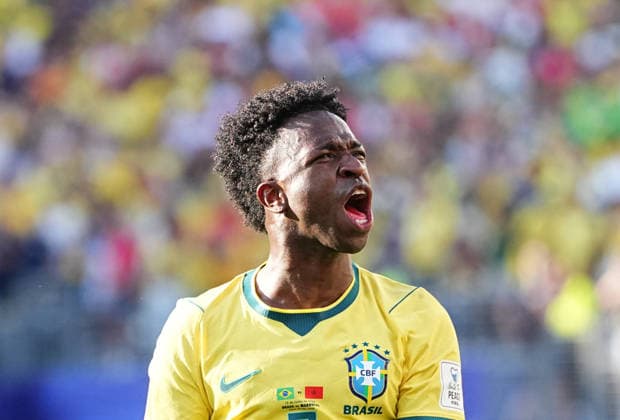 Vinicius Junior (Brazil) scores and celebrates his teams first goal during Brazil and Morocco, Group C FIFA World Cup, WM, Weltmeisterschaft, Fussball 2026, Met Life Stadium, New jersey, USA on June 14, 2026. Thor Wegner DeFodi Images. (Photo by DeFodi Images) -