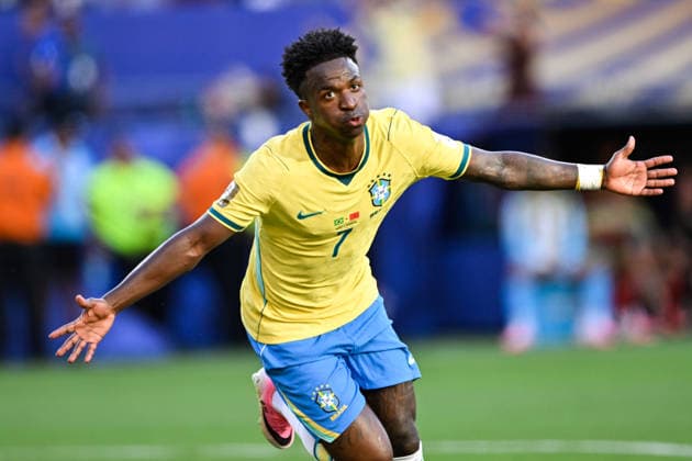 Vinicius Junior of Brazil celebrates after scoring the team s first goal during a FIFA Men’s World Cup 2026 Group Stage football match between Brazil and Morocco at New York New Jersey Stadium, in East Rutherford on June 13th 2026 (Photo by Andre Ricardo SPP)  Copyright: xAndrexRicardo SPPx Sportspressphoto_SPR165819