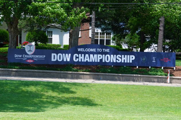 MIDLAND, MI - JUNE 13: Signage seen along the 6th hole on June 13, 2026, during the third round of the LPGA, Golf Damen Dow Championship at Midland Country Club in Midland, Michigan. (Photo by Brian Spurlock Icon Sportswire) GOLF: JUN 13 LPGA Dow Championship EDITORIAL USE ONLY Icon26061328
