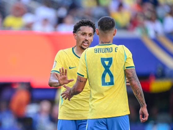 Marquinhos (Brazil) and Bruno Guimaraes (Brazil) gestures during the FIFA World Cup, WM, Weltmeisterschaft, Fussball 2026 Group C match between Brazil and Morocco at New York New Jersey Stadium on June 13, 2026 in East Rutherford, United States. (Photo by Harry Langer DeFodi Images) -