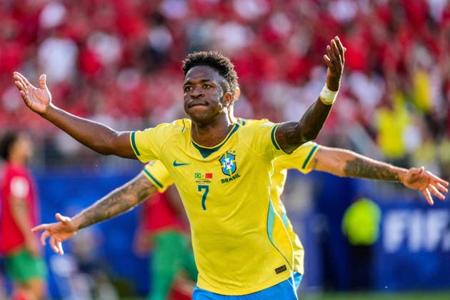 Vinicius Junior of Brazil celebrates after scoring Brazil s first goal during a group stage match of the 2026 FIFA Men s World Cup between Brazil and Morocco at New York Stadium in New Jersey on June 13, 2026. Richard Callis Fotoarena (Richard Callis SPP)  Copyright: xRichardxCallisx xSPPx spp-en-RiCa-2961226