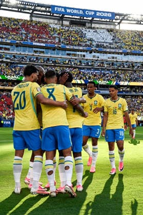 Vinicius Junior of Brazil and teammates celebrate after scoring the team s first goal during a FIFA Men’s World Cup 2026 Group Stage football match between Brazil and Morocco at New York New Jersey Stadium, in East Rutherford on June 13th 2026 (Photo by Andre Ricardo SPP)  Copyright: xAndrexRicardo SPPx Sportspressphoto_SPR165833