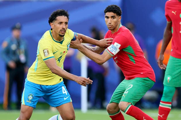 Brazil v Morocco: Group C - FIFA World Cup, WM, Weltmeisterschaft, Fussball 2026 Marquinhos of Brazil and Achraf Hakimi of Morocco challenge during the FIFA World Cup 2026 Group C match between Brazil and Morocco at New York New Jersey Stadium on June 13, 2026 in East Rutherford, United States. WARNING! This Photograph May Only Be Used For Newspaper And Or Magazine Editorial Purposes. May Not Be Used For Publications Involving 1 player, 1 Club Or 1 Competition Without Written Authorisation From Football DataCo Ltd. For Any Queries, Please Contact Football DataCo Ltd on +44 (0) 207 864 9121 East Rutherford New York New Jersey Stadium NJ United States Copyright: xAllstarxPicturexLibraryxLtdx