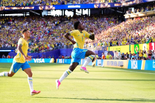 Brazil v Morocco - FIFA World Cup, WM, Weltmeisterschaft, Fussball 2026 - Group C NEW JERSEY, UNITED STATES - JUNE 13: Vinicius Junior of Brazil celebrates a goal during 2026 FIFA World Cup First Stage Group C match between Brazil and Morocco at MetLife (New Jersey Stadium) in East Rutherford, New Jersey, United States on June 13, 2026. Jose Hernandez Anadolu New Jersey United States. Editorial use only. Please get in touch for any other usage.  Copyright: x2026xAnadoluxJosexHernandezx