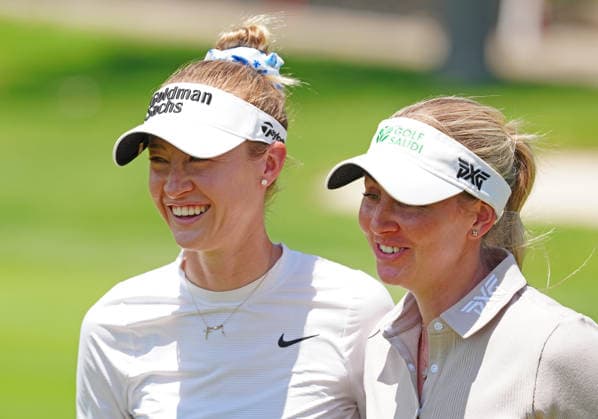 MIDLAND, MI - JUNE 13: LPGA, Golf Damen golfers Nelly Korda and Olivia Cowan who call their team Legally Blonde walk to the 7th tee on June 13, 2026, during the third round of the LPGA Dow Championship at Midland Country Club in Midland, Michigan. (Photo by Brian Spurlock Icon Sportswire) GOLF: JUN 13 LPGA Dow Championship EDITORIAL USE ONLY Icon26061335