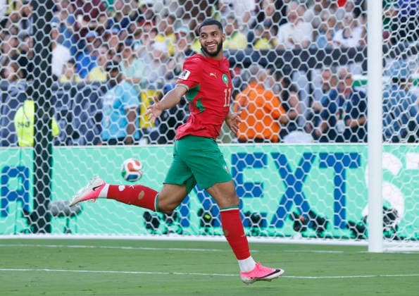 Morocco s Ismael Saibari celebrates after scoring against Brazil in the first half of a FIFA World Cup, WM, Weltmeisterschaft, Fussball match at MetLife Stadium in East Rutherford, New Jersey, on Saturday, June 13, 2026.  NYP20260613930 JOHNxANGELILLO