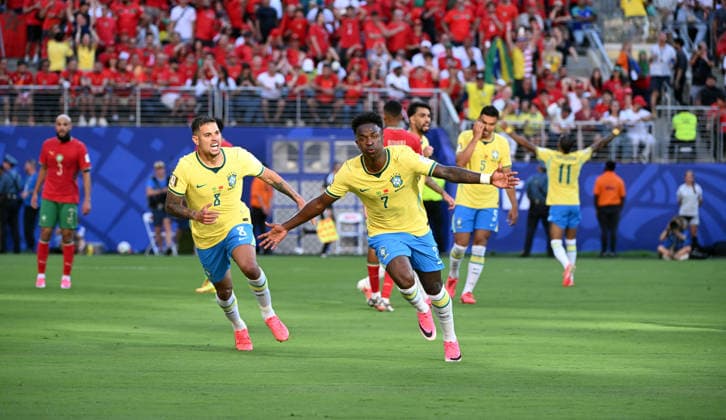 Fußball, Herren, FIFA World Cup, WM, Weltmeisterschaft, Fussball 2026 in Mexiko, Kanada und USA, Spiel in New York New Jersey (Gruppe C, 1. Spieltag), Brasilien - Marokko, Vinicius Junior (Brasilien); Jubel Tor 1:1 Vini Jr , 13.06. 2026,