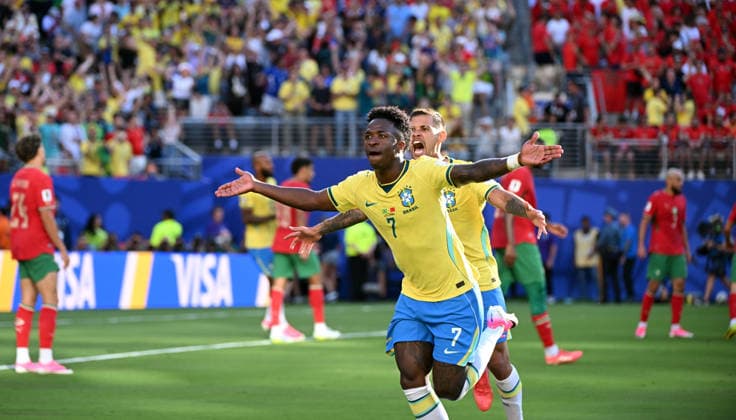 Fußball, Herren, FIFA World Cup, WM, Weltmeisterschaft, Fussball 2026 in Mexiko, Kanada und USA, Spiel in New York New Jersey (Gruppe C, 1. Spieltag), Brasilien - Marokko, Vinicius Junior (Brasilien); Jubel Tor 1:1 Vini Jr , 13.06. 2026,