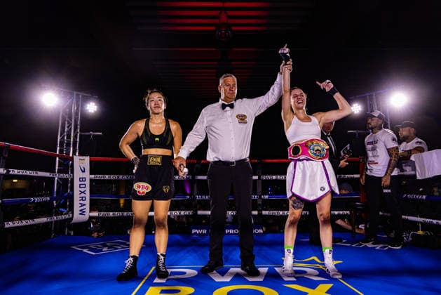 FLENSBURG, GERMANY - JUNE 13: Lara Ochmann (Germany) winner by decision during the WBO International Super Feather Title Fight between Lara Ochmann (Germany) vs. Amanda Chan (Singapore) at Gorzelniaski Halle on June 13, 2026 in Flensburg, Germany. Schleswig-Holstein Germany Copyright: xMarioxM.xKobergx