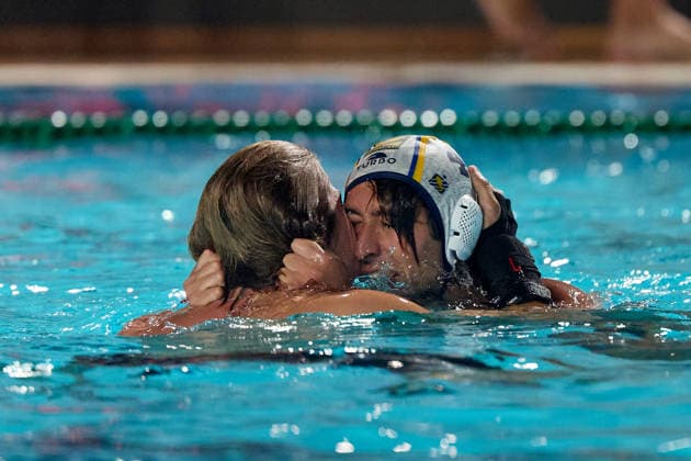 Marc Alls Ferrer (right) of Zodiac CNAB celebrates with a teammate after winning the European Aquatics Men™s Water polo, Wasserball Champions League gold‘medal match against Pro Recco at the National Pool, Tal‘Qroqq, Malta, on 13 June 2026. Zodiac CNAB v Pro Recco - Men™s Water Polo Men Champions League 2026 Final; EA_CL_2026_MLT