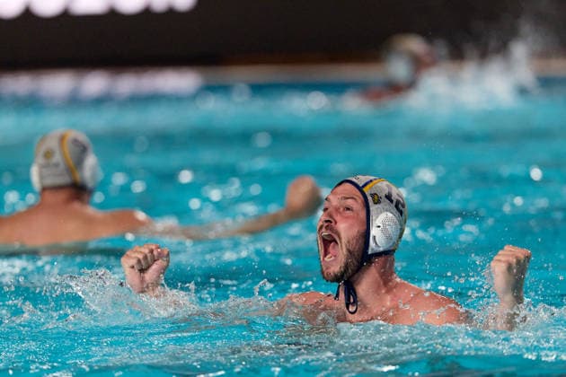 Alejandro Bustos Sanchez of Zodiac CNAB reacts in celebration after winning the European Aquatics Men™s Water polo, Wasserball Champions League gold‘medal match against Pro Recco at the National Pool, Tal‘Qroqq, Malta, on 13 June 2026. Zodiac CNAB v Pro Recco - Men™s Water Polo Men Champions League 2026 Final; EA_CL_2026_MLT