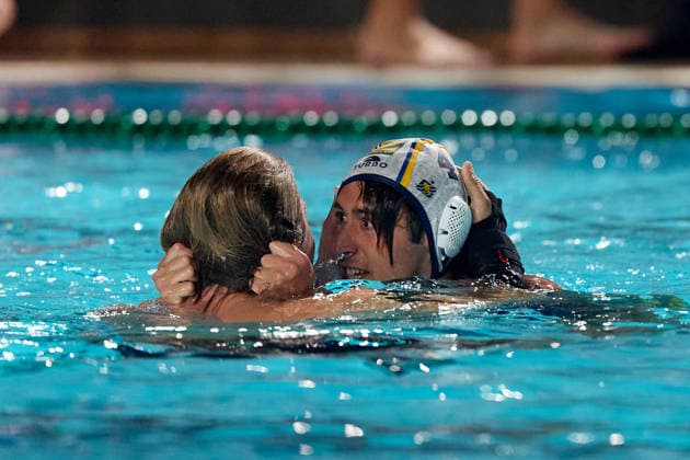 Marc Alls Ferrer (right) of Zodiac CNAB celebrates with a teammate after winning the European Aquatics Men™s Water polo, Wasserball Champions League gold‘medal match against Pro Recco at the National Pool, Tal‘Qroqq, Malta, on 13 June 2026. Zodiac CNAB v Pro Recco - Men™s Water Polo Men Champions League 2026 Final; EA_CL_2026_MLT