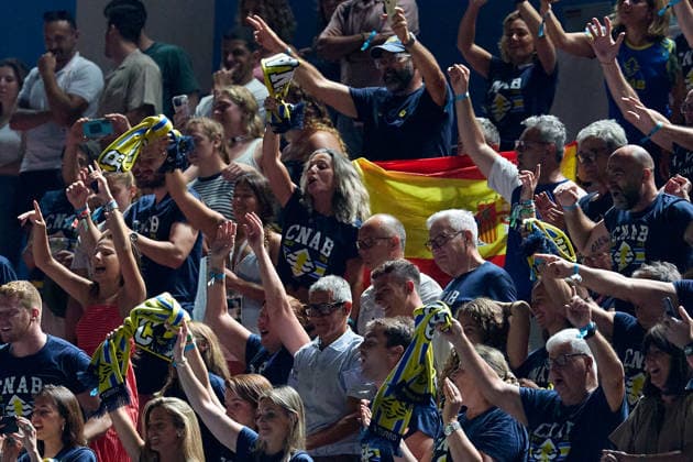 Zodiac CNAB fans celebrate their team winning the European Aquatics Men™s Water polo, Wasserball Champions League gold‘medal match against Pro Recco at the National Pool, Tal‘Qroqq, Malta, on 13 June 2026. Zodiac CNAB v Pro Recco - Men™s Water Polo Men Champions League 2026 Final; EA_CL_2026_MLT