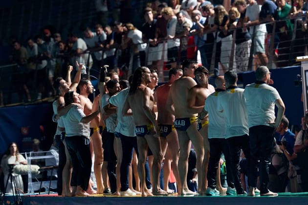 Zodiac CNAB players celebrate after winning the European Aquatics Men™s Water polo, Wasserball Champions League gold‘medal match against Pro Recco at the National Pool, Tal‘Qroqq, Malta, on 13 June 2026. Zodiac CNAB v Pro Recco - Men™s Water Polo Men Champions League 2026 Final; EA_CL_2026_MLT