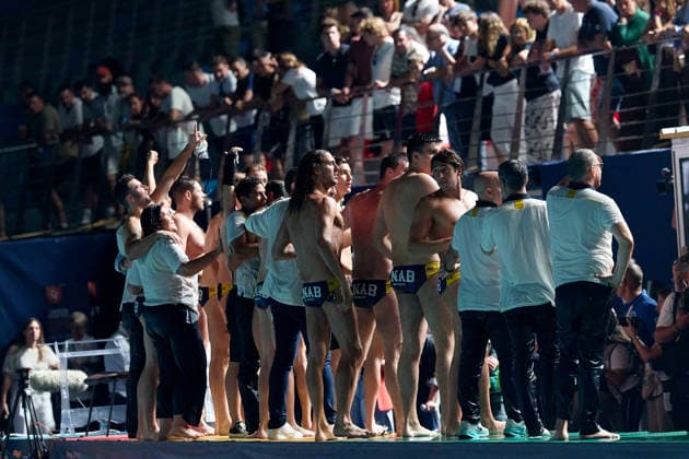 Zodiac CNAB players celebrate after winning the European Aquatics Men™s Water polo, Wasserball Champions League gold‘medal match against Pro Recco at the National Pool, Tal‘Qroqq, Malta, on 13 June 2026. Zodiac CNAB v Pro Recco - Men™s Water Polo Men Champions League 2026 Final; EA_CL_2026_MLT