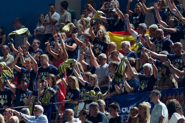 Zodiac CNAB fans celebrate their team winning the European Aquatics Men™s Water polo, Wasserball Champions League gold‘medal match against Pro Recco at the National Pool, Tal‘Qroqq, Malta, on 13 June 2026. Zodiac CNAB v Pro Recco - Men™s Water Polo Men Champions League 2026 Final; EA_CL_2026_MLT